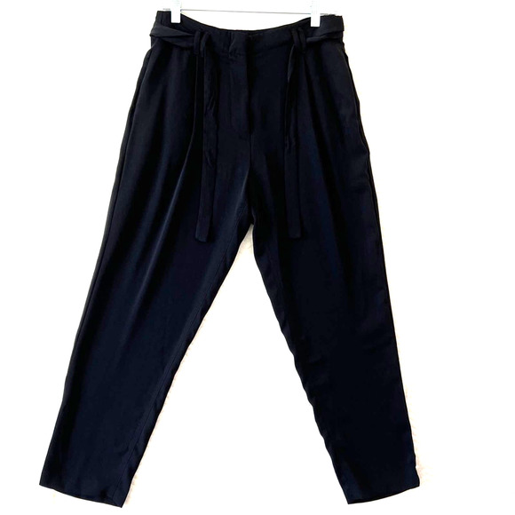 H&M Pants - H&M Pants Women 8 Black High Waisted Belted Pleated Cropped Lightweight Trousers